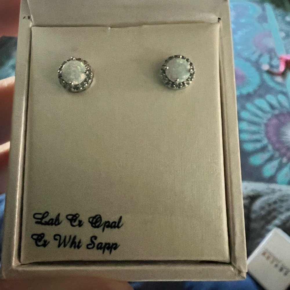 Radiant Gem opal sterling silver earrings with diamond accents. NWT original box